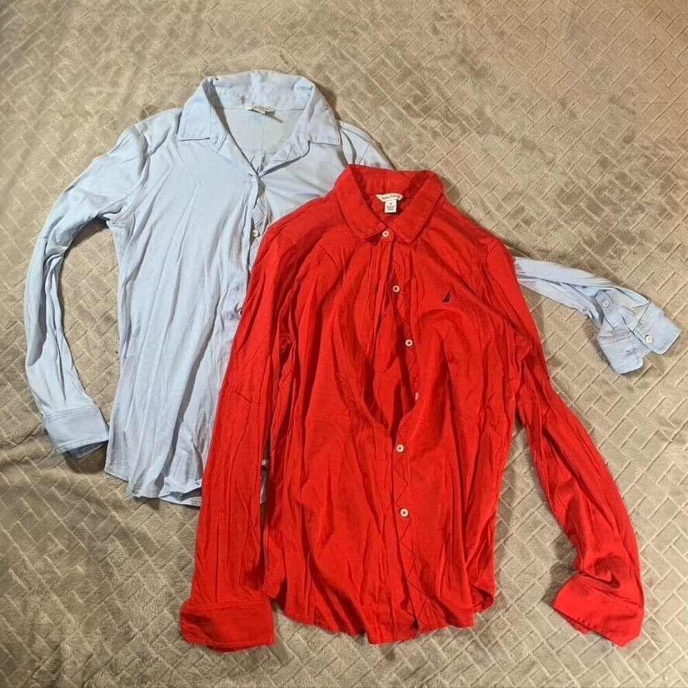 Nautica Mens Medium Casual Button Up Shirt Lightweight Red Blue Bundle of 2